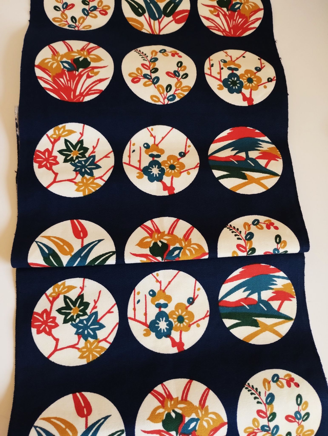 Japanese Thic Cotton Fabric, Floral Pattern, Blue, White, Reen, Red and Yellow Brown Color Vintage Japanese Obi Fabric
