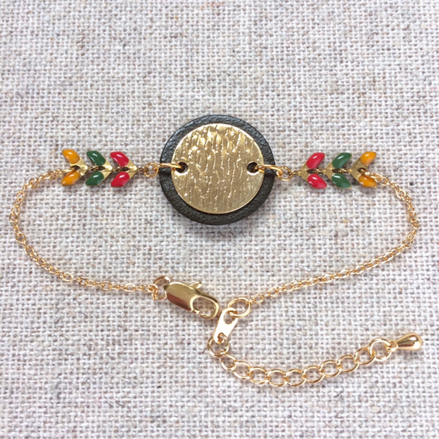 Bracelet « Epinette », cuir Kaki et chaîne épi rouge, vert et moutarde