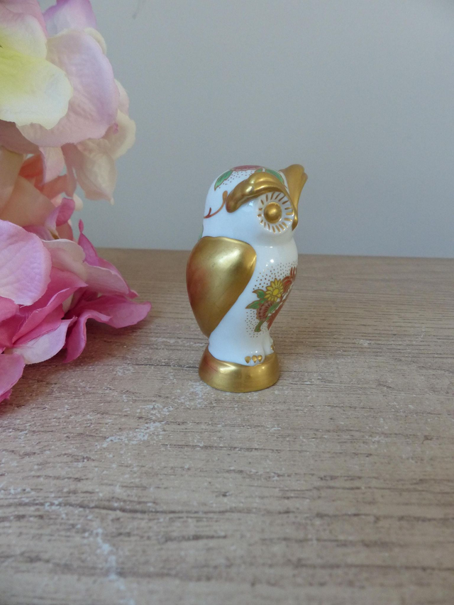 Rare figurine vintage hibou doré en porcelaine blanche décor fleuri, figurine miniature hibou Franklin Mint The Collectors Treasury of Owls