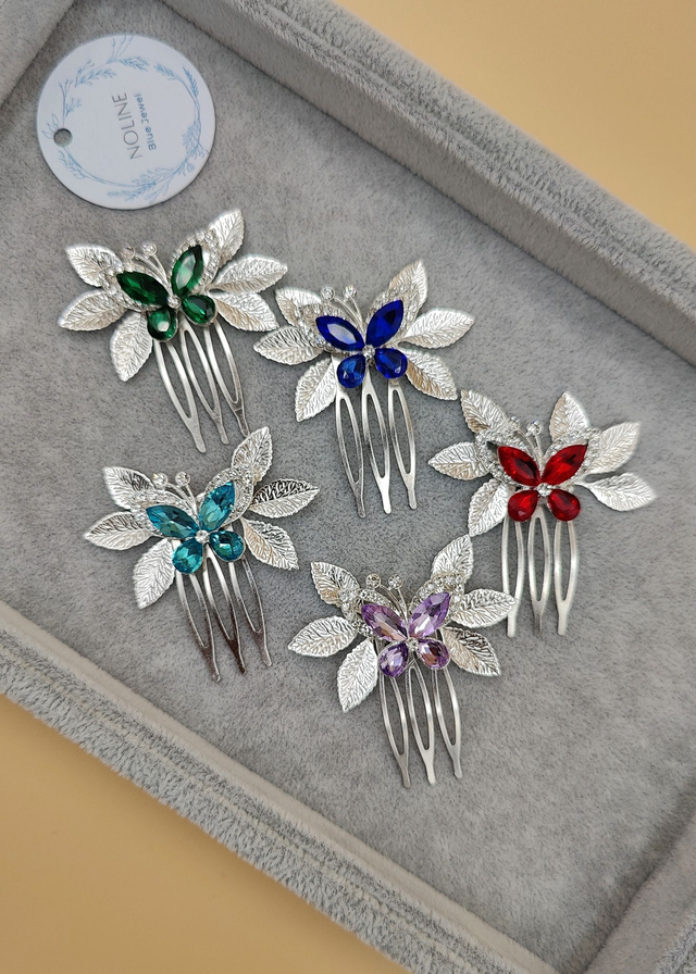 Petit peigne à cheveux élégant, bijoux papillon argenté et feuilles scintillantes