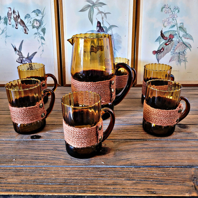 X Service à orangeade vintage en verre ambré avec tissu détachable 