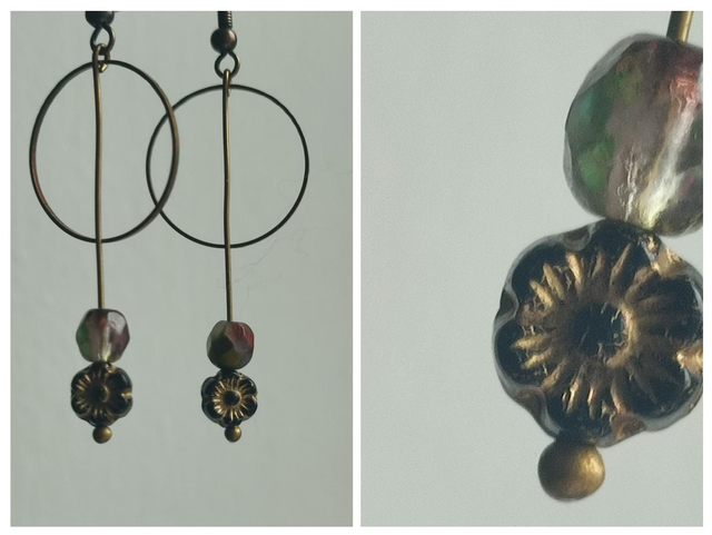 Fleurs en verre noir et or, laiton bronze, pièce unique, sans nickel 