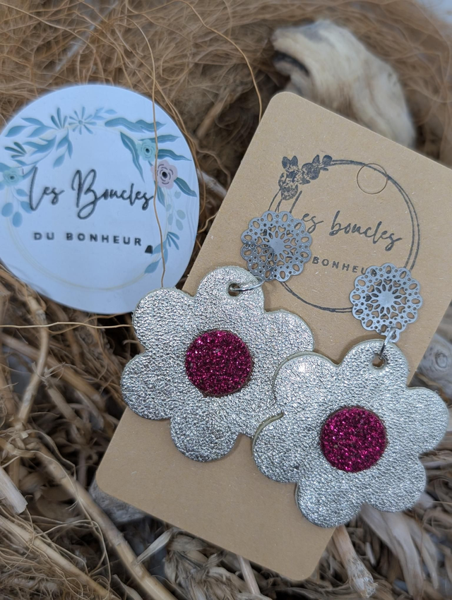 Boucles d&#039;oreilles fleur rétro m1123 argenté rose framboise paillettes 