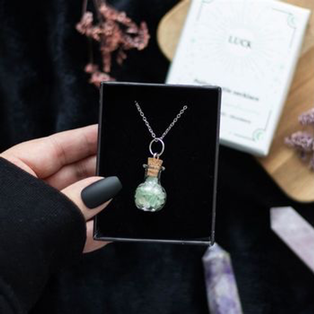 Luck Potion bottle crystal necklace green 
