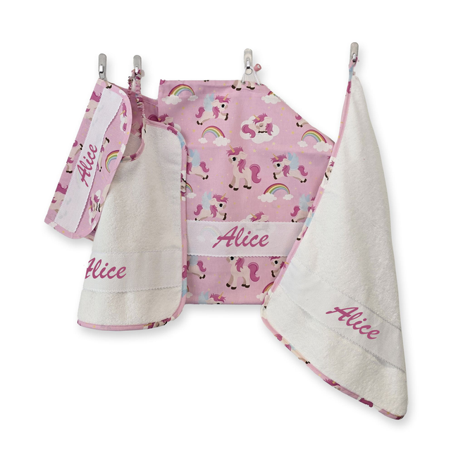 SET UNICORNI bianco 4 PEZZI nome ricamato