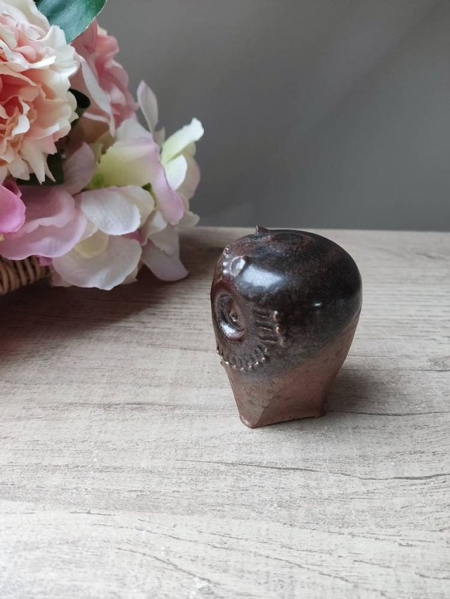 Ancien et rare Figurine sculpture chouette hibou en grès marron zoomorphe poterie Vintage