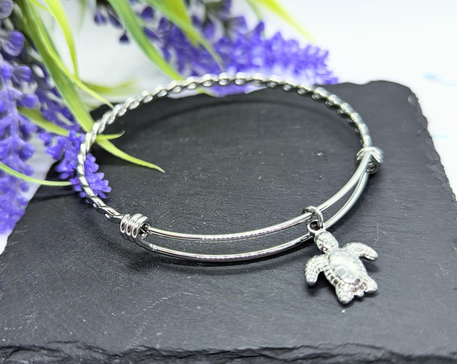 Stainless Steel Bangle with Turtle Charm