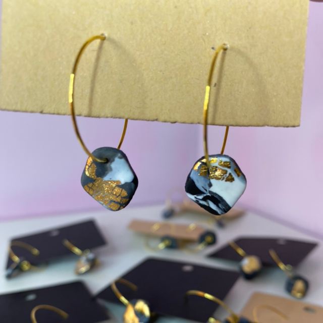 Black Marble With Gold Leaf Hoop Earrings 