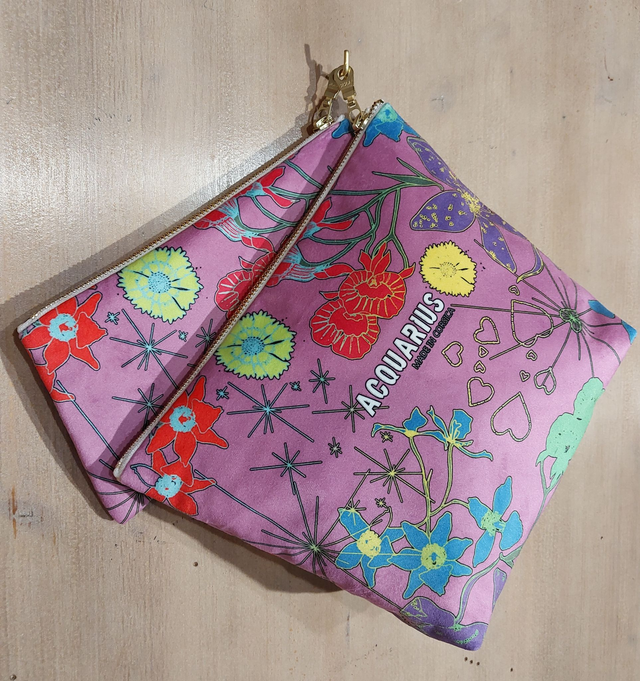 Orchidée Rose. Pochette et trousse en velours. 