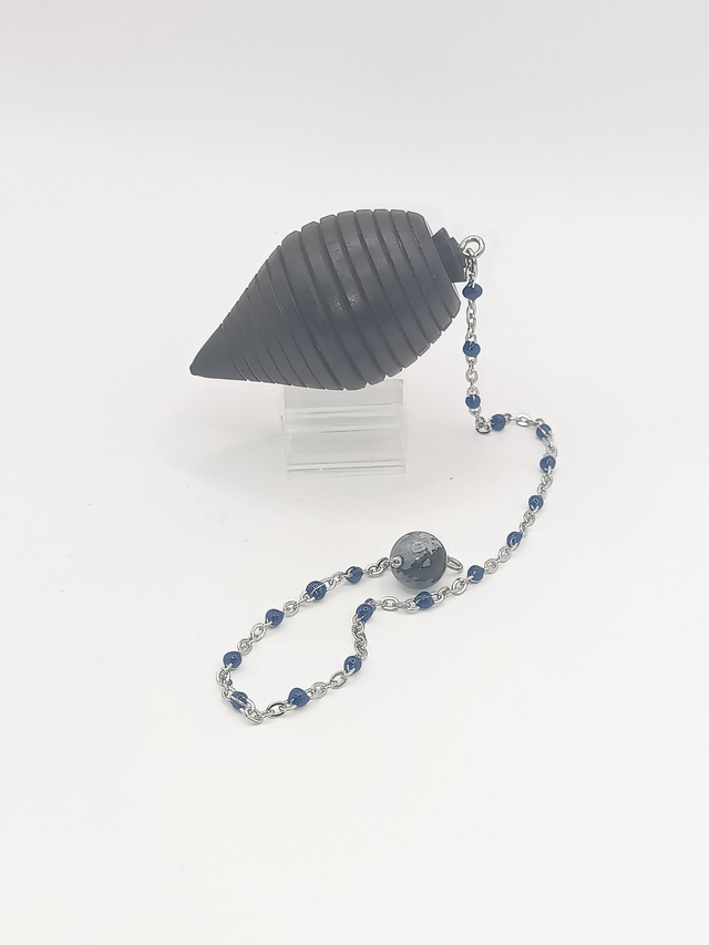 Pendule Ébène, Obsidienne, perles époxy Bleu Foncé, Acier Inoxydable