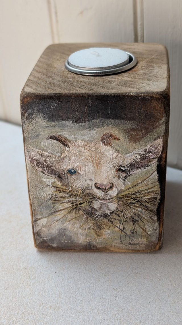 Goat chewing the straw - Tealight Holder Reclaimed Wood