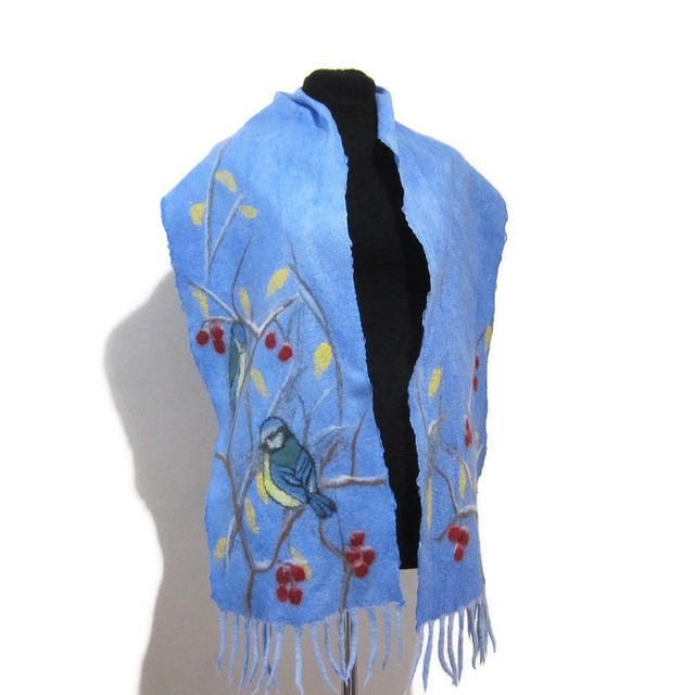 Sciarpa Donne feltro blu lana merino seta calda Sciarpa lungo paillettes regalo per donna infeltrita fatta a mano