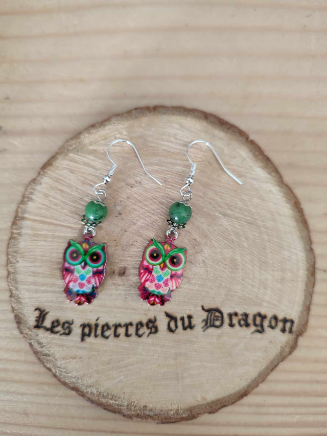 Boucles d'oreilles Mystère de sagesse, avec chouette et rubis zoïsite