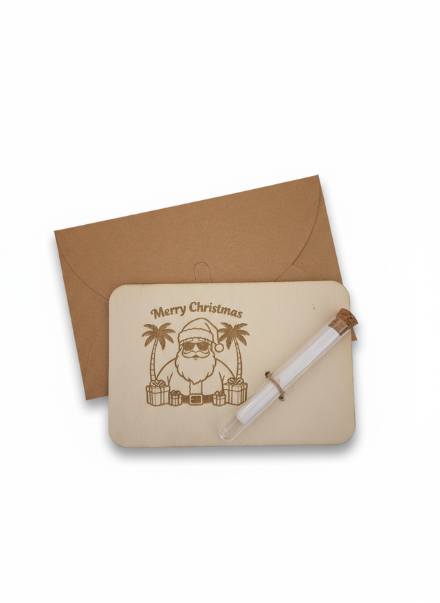 Merry Christmas – Liebevoll handgefertigte Karte aus Sperrholz mit Reagenzglas 