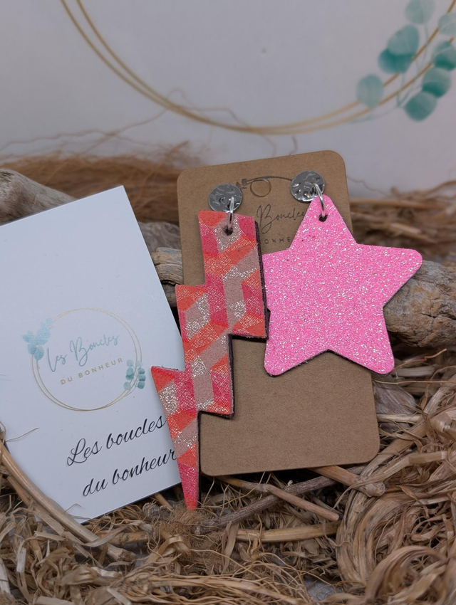 Boucles d'oreilles Asymétrique rose paillettes mo423