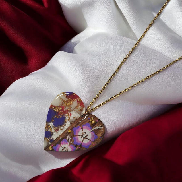 Collier dessiné Flora acier inoxydable violet parme et rouge bi matière