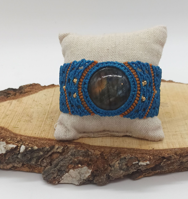 bracelet micro macramé bleu/orange avec labradorite 
