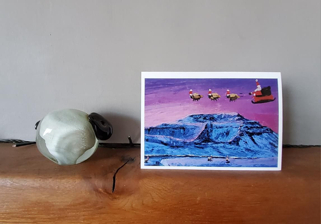 Father Christmas and his flying Sheep over Ingleborough. A6 Christmas card. 