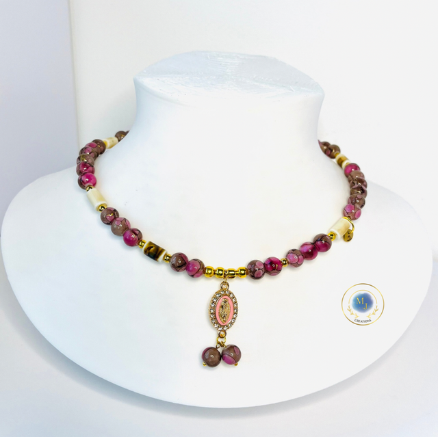 Handgemaakte Ketting met Paars-Roze Natuursteen &amp; Elegante Hanger