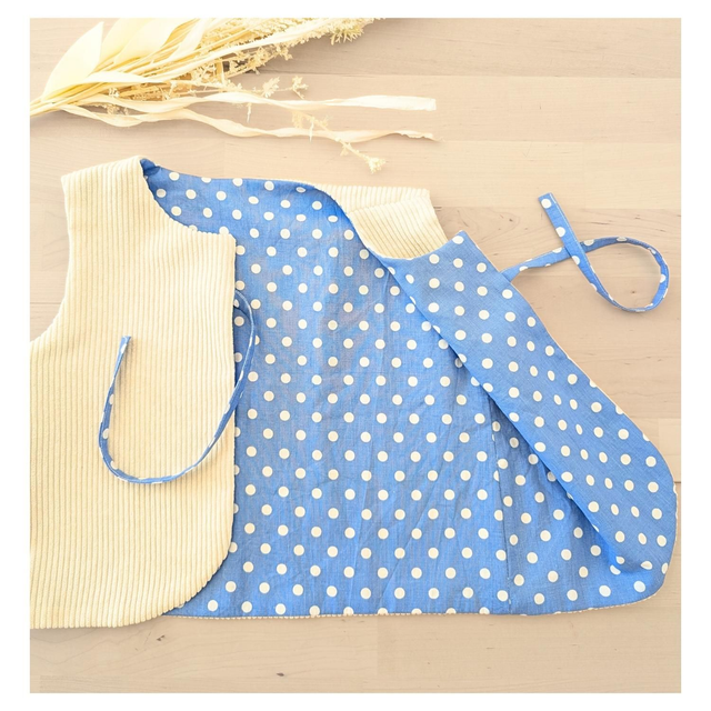 Noël – Ensemble robe + gilet – Tissu coton bleu à pois blanc