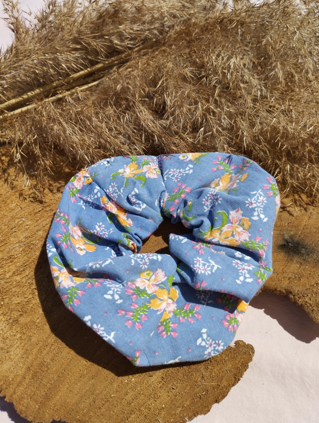 Chouchou coton - motif fleurs bleues