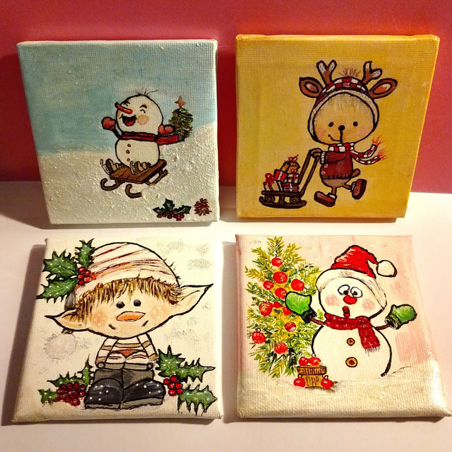 Hand Painted Christmas Themed Mini Canvas With Easel -  4 Different Designs