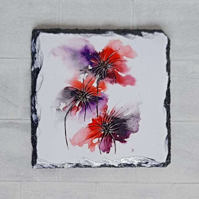 Slate Coaster with Purple Floral artwork