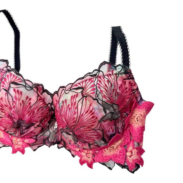 Red + black multicolour intricate embroidered Japanese Bra UK 30A