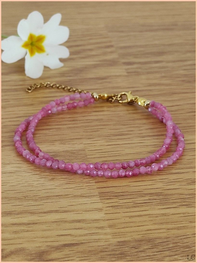Bracelet 2mm double rang - Tourmaline rose