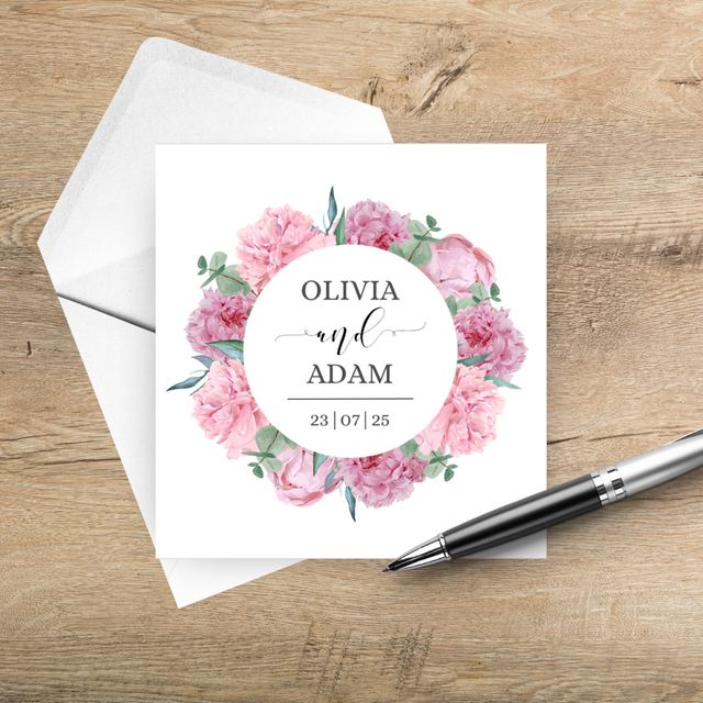 Blush pink peonies - square, tri-fold Wedding invitations - including guest information &amp; RSVP