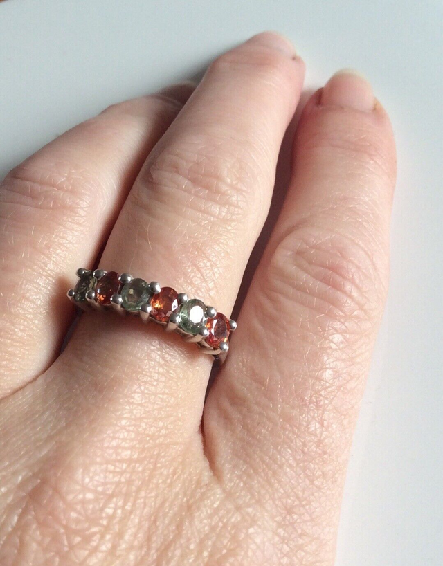 Orange Green Gemstone Half Eternity Ring in Sterling Silver Size O