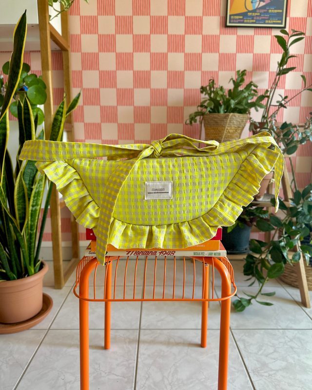 SAC CROISSANT Taille Moyenne - Vichy jaune fluo et beige - Fait main à Reims (France)