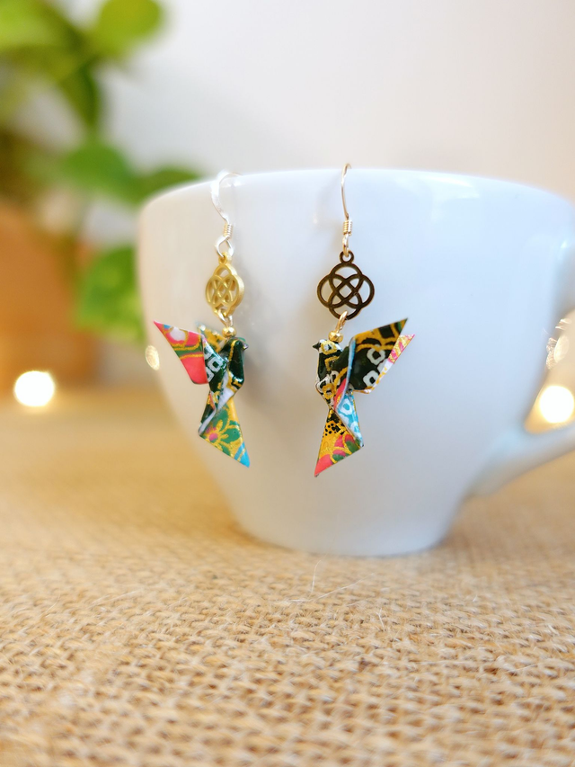Origami Colombe, oiseau / GOLD FILLED, Or laminé / Boucles d'oreilles / Papier japonais washi / Vert, or / Bijou japonais origami /