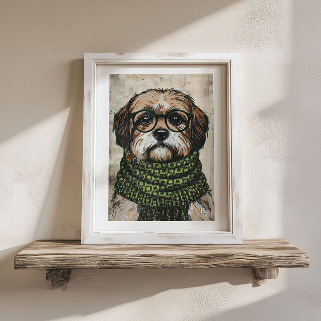 Shih Tzu Dog In Glasses Mixed Media Art Print A4