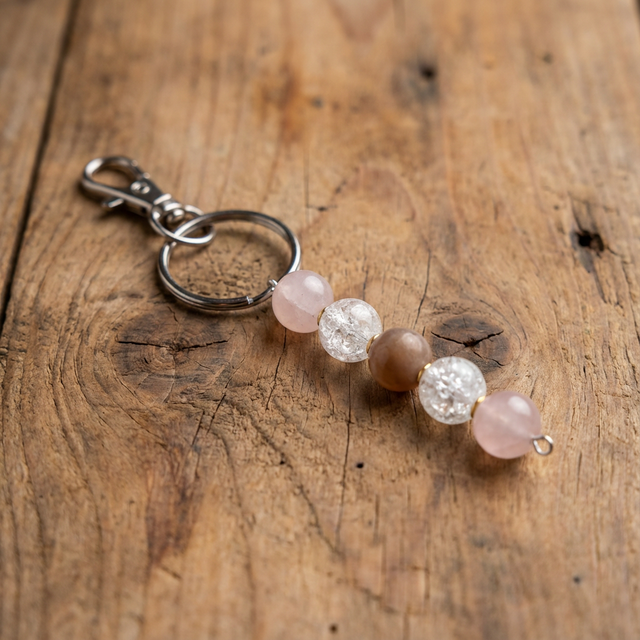 Porte-clé "Féminité" en Pierres Naturelles – Pierre de Lune, Quartz Rose et Cristal de Roche