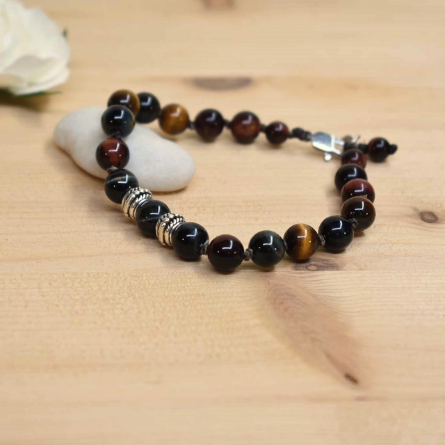 Bracelet homme 2 roues en acier et pierres en oeil de tigre, de faucon et de taureau