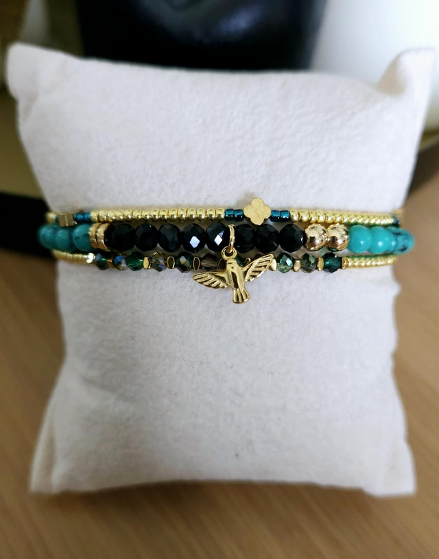 Bracelet triple rangs pendentif oiseau 