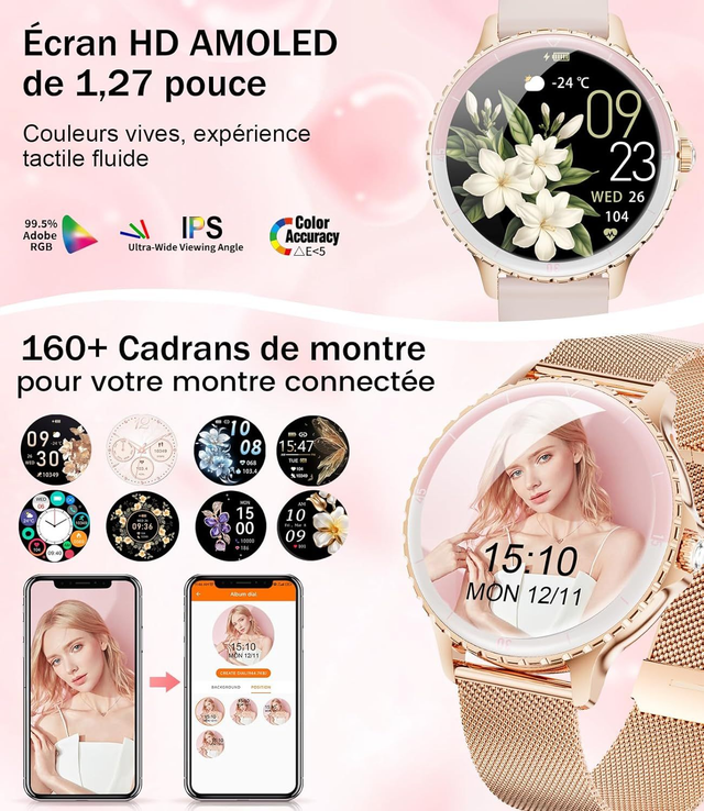 Montre Connectée Femme Dorée – Acier Inoxydable, Appel Bluetooth, Suivi Cardiaque & Sommeil, +100 Modes Sport 🌸