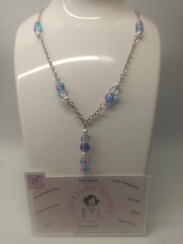 Collier perle bleu/rose, blanche 