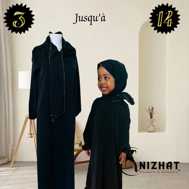 Abaya + Hijab intégré en soie de médine - pour enfants 3 à 14 ans - couleur noire 