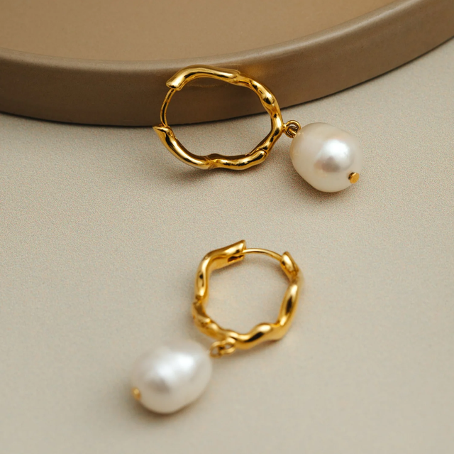 Oval Wave Pearl Drop Hoop Earrings