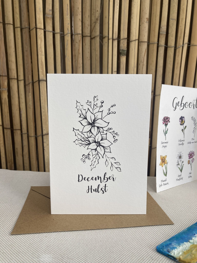 Ansichtkaart Geboortebloem December Hulst zwart wit, inclusief envelop, van originele tekening, met of zonder tekst 