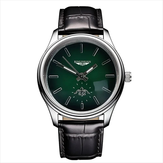 Montre à Quartz pour hommes, fond vert bracelet en cuir noir 