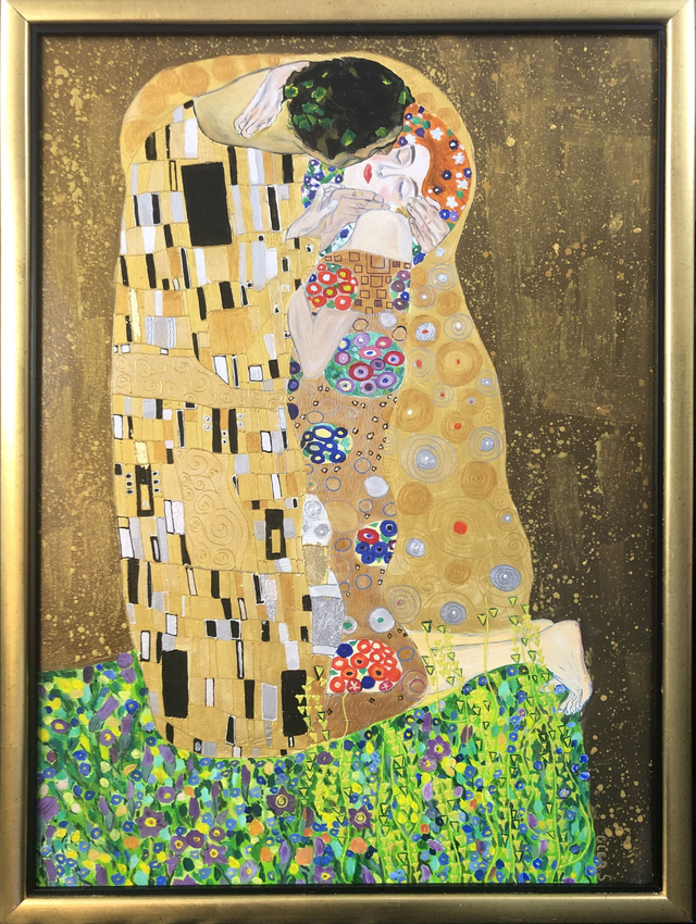 Copia da Klimt il bacio, olio e foglia d'ro su tela, 80 X 110 cm. (Mara Calzolari)