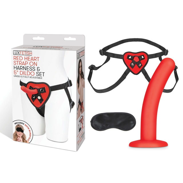 LUX FETISH Red Heart Strap on Harness &amp; 5" Dildo Set