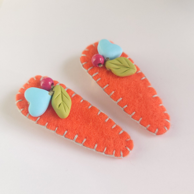Folk Heart Hair Clip - Orange - Pair