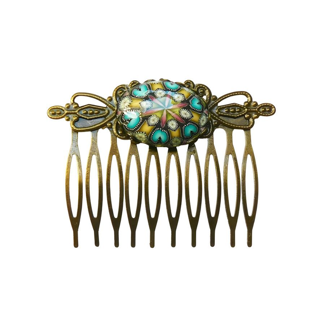 Peigne à cheveux rétro mandala bleu jaune