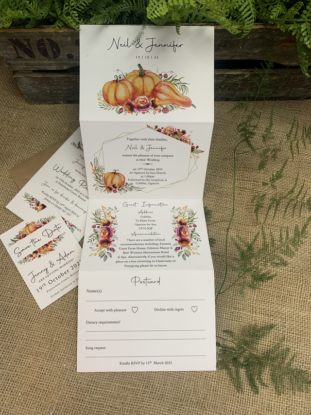 Pumpkins & autumn flowers - concertina Wedding invitations - including guest information & RSVP