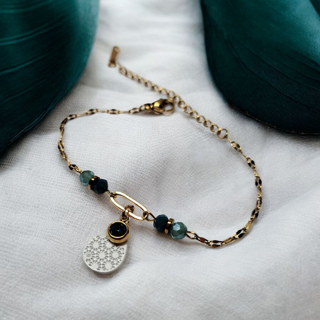 Bracelet acier inoxydable et strass bleu turquoise foncé et vert d'eau 