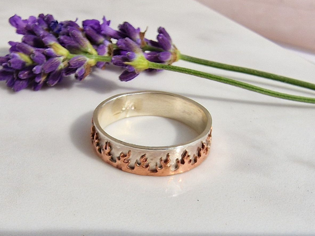 Ring of Fire Ring - 925 recycled silver band ring with feature copper fire bezel. Band width 5mm x 1.5mm approximately. Combine with stacking rings.